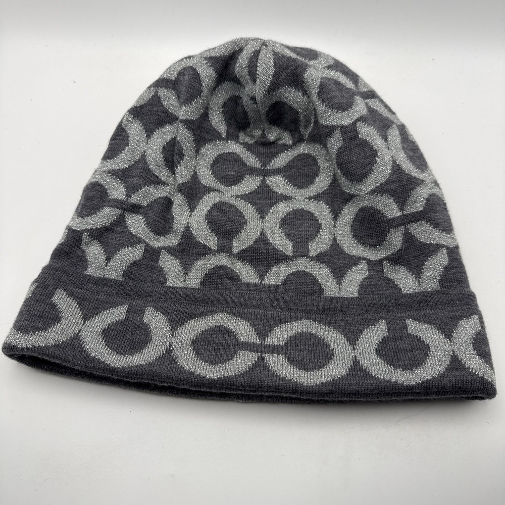 Coach Gray  Silver Knit Beanie Hat Women Geometric Logo Merino Wool